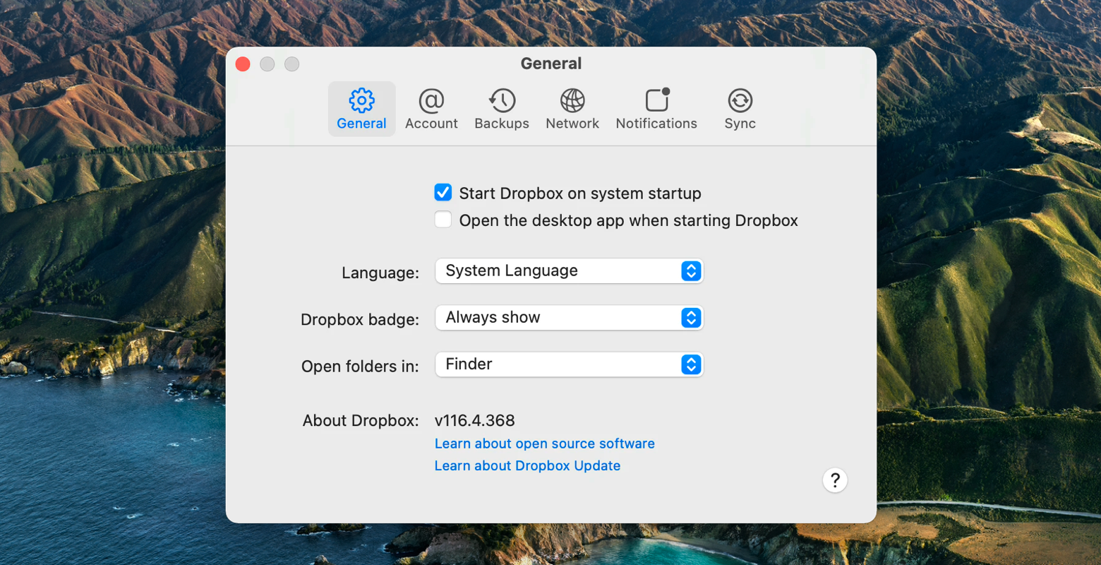 account settings for dropbox on mac